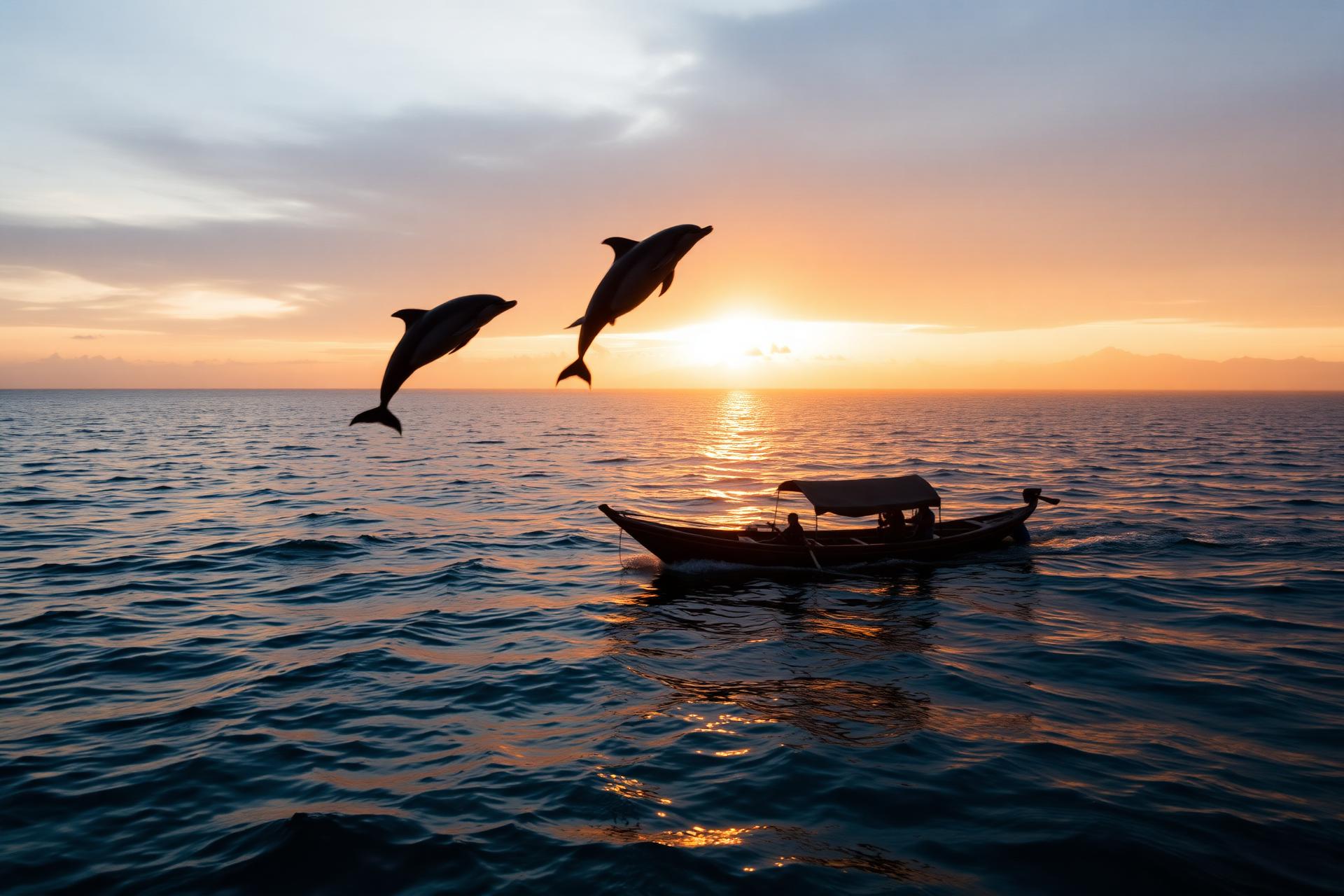 Wild dolphins leaping at sunrise off Lovina beach in North Bali